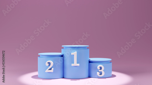 3D rendering of Three ranking sport podium with a number on pastel background