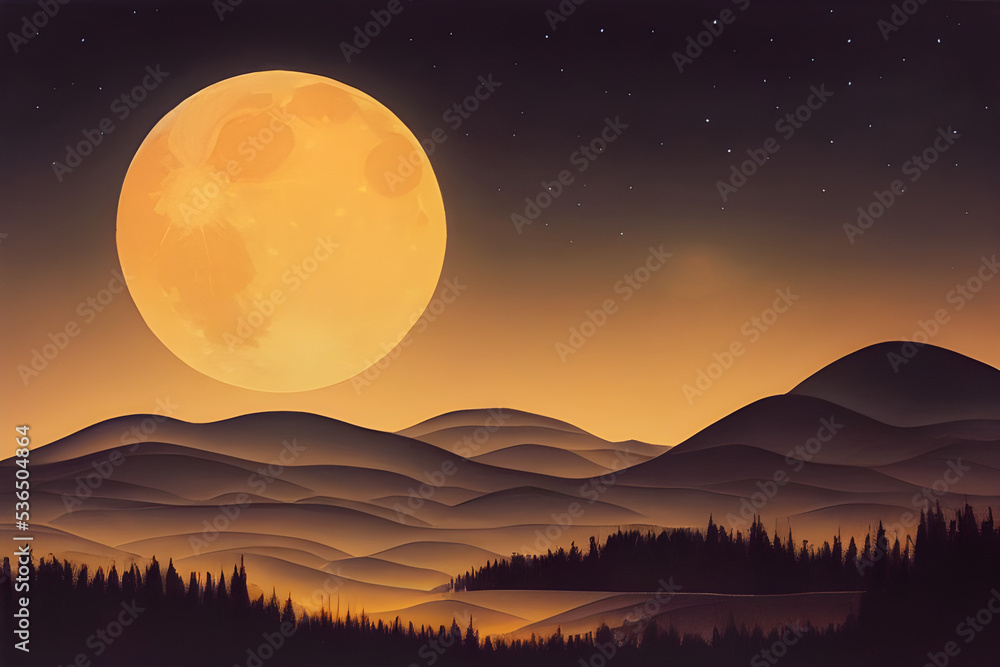 A full harvest moon shines over the fields. A full harvest moon shines over the fields.