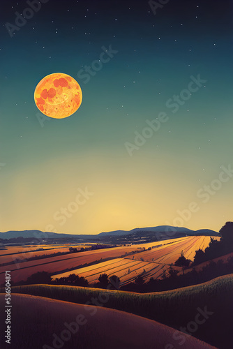 A full harvest moon shines over the fields.