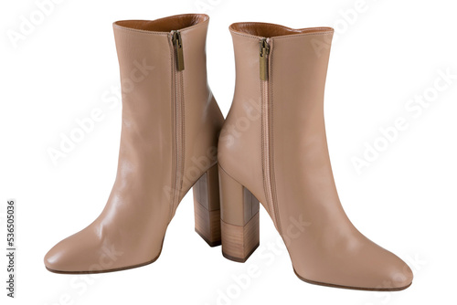A pair of brown women's boots with a zipper, high heels, on a white background, isolate photo