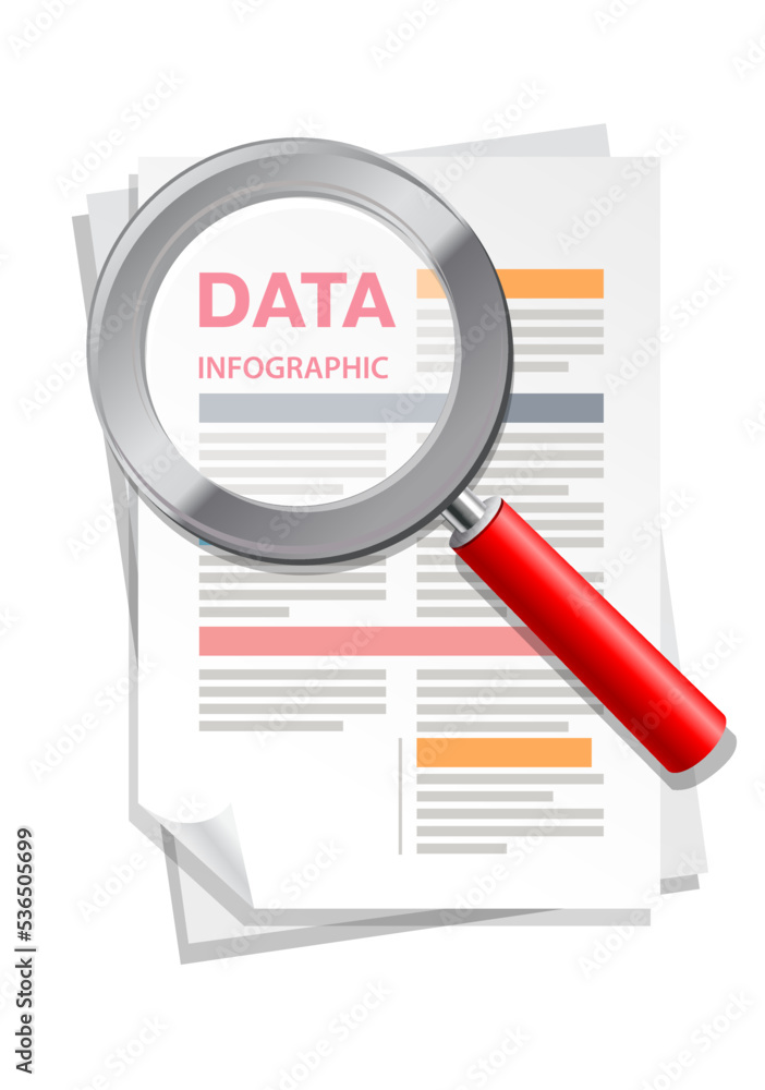 Business icon. Data papers and magnifying glass. Business icon. Data papers and magnifying glass.