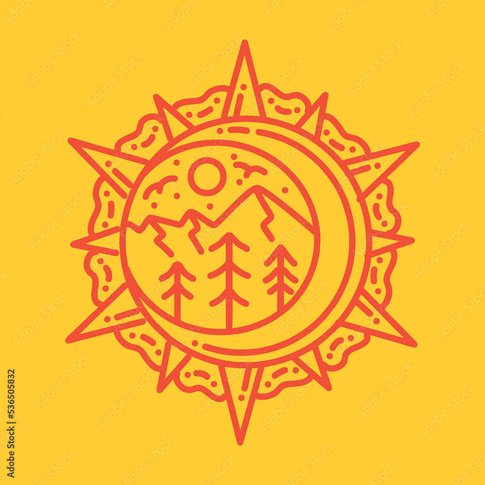 Premium Monoline vintage Mountain Vector illustration, forest vacation badge, creative emblem for T-shirt Design