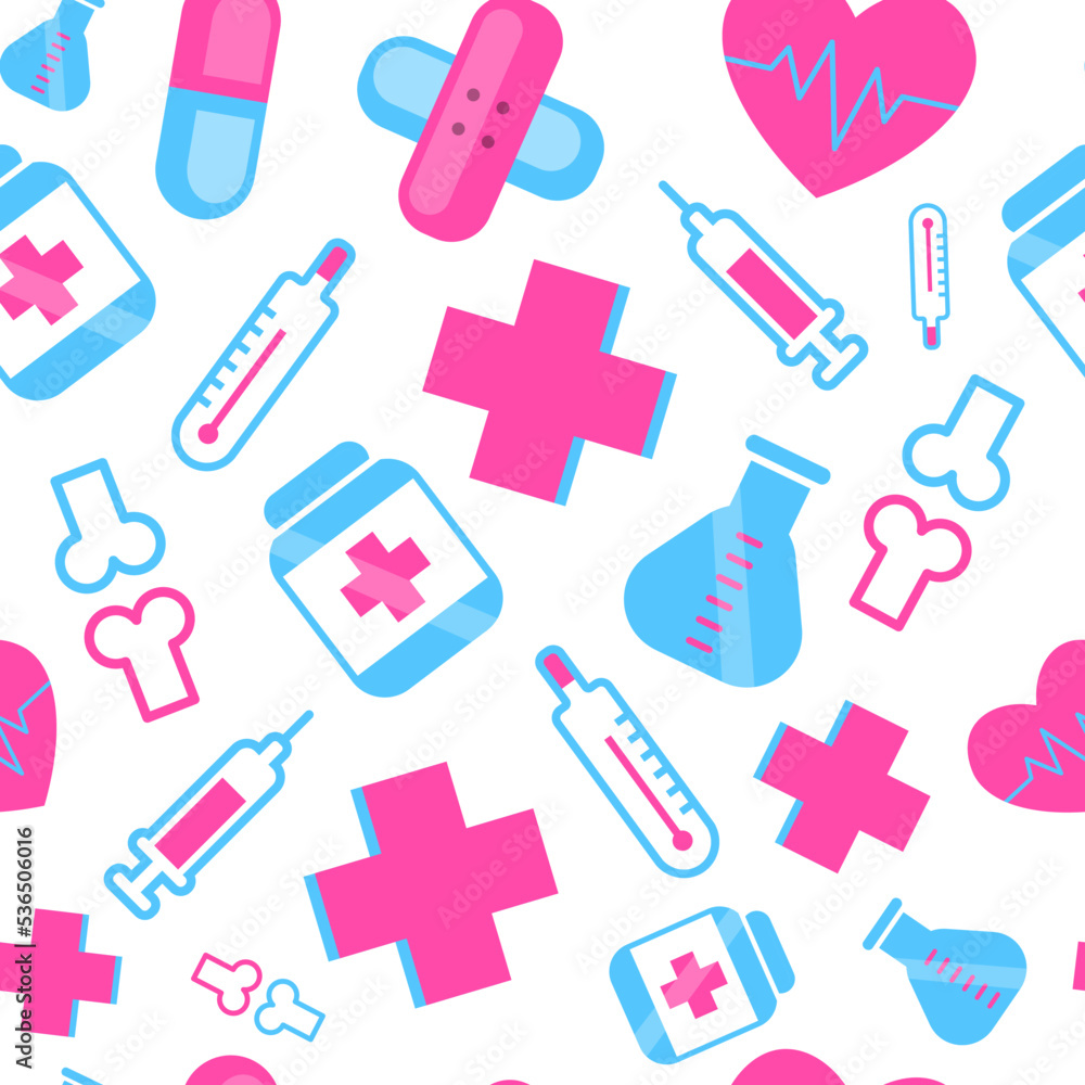 Seamless pattern with medicine items. Vector illustration. Pink and blue colors background. Hearts, pulse, bones, syringes, thermometers, drugs and test tube. Equipment for pharmacies and hospitals. Seamless pattern with medicine items. Vector illustration. Pink and blue colors background. Hearts, pulse, bones, syringes, thermometers, drugs and test tube. Equipment for pharmacies and hospitals.