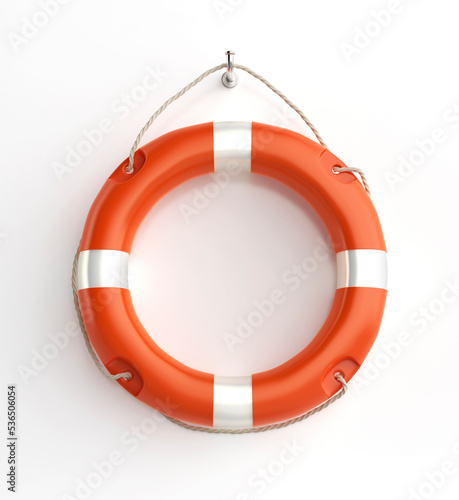 Orange lifebuoy ring hanged on a white wall, front view
