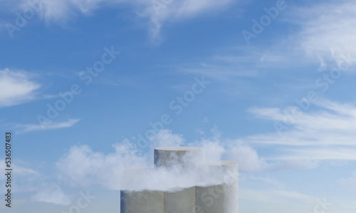 Podium with cloud and sky background advertising display. 3D rendering.