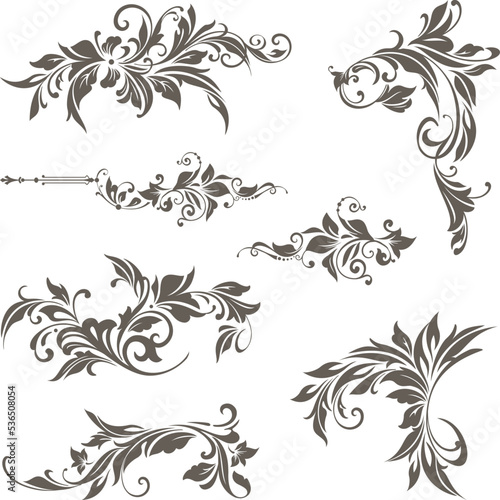 vintage design lace borders monogram logo and corners Vector set art deco floral ornaments elements
