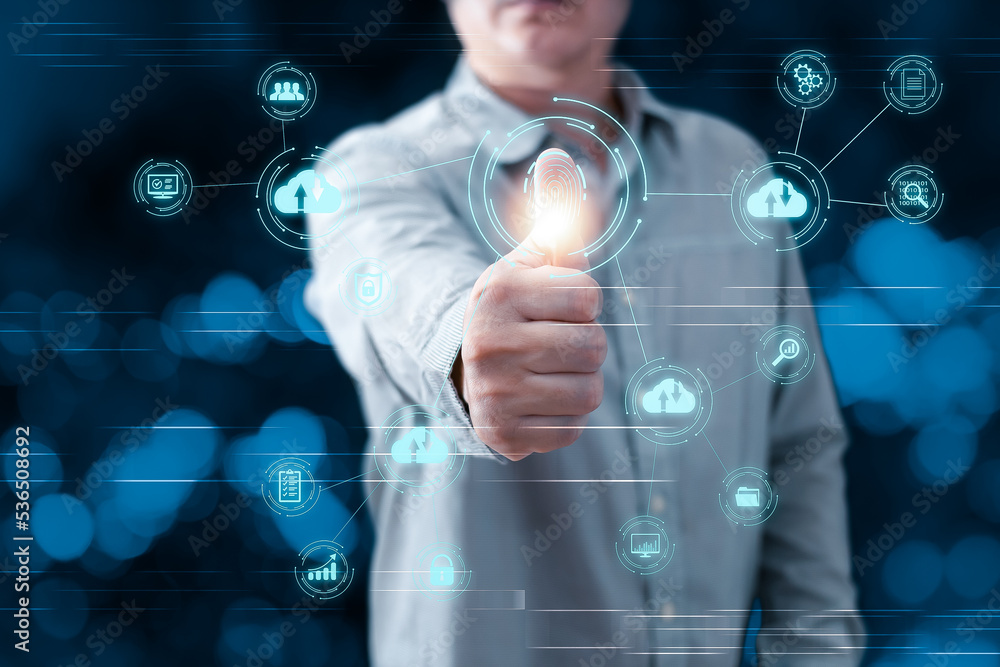person scan thumbs to access secure data. new technology bigdata and business process strategy,customer service management.Digital transformation change management,internet of things.cloud computing. person scan thumbs to access secure data. new technology bigdata and business process strategy,customer service management.Digital transformation change management,internet of things.cloud computing.
