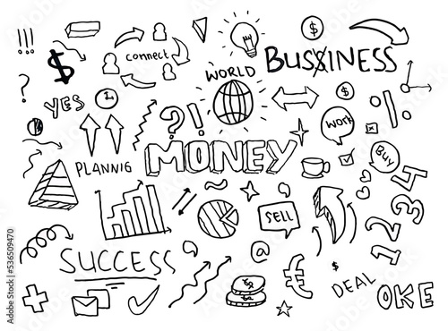 doodle art business money hand drawn vector simple. with flowchart, statistic and element component business.	
