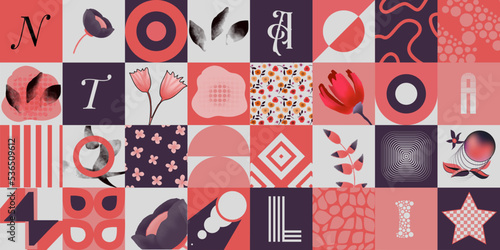 Geometry minimalistic artwork poster with simple shape and flowers. Abstract brutalism vector pattern