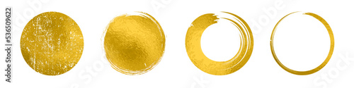 Set different circle brush strokes isolated, hand drawn paint brush circle logo gold frame – vector
