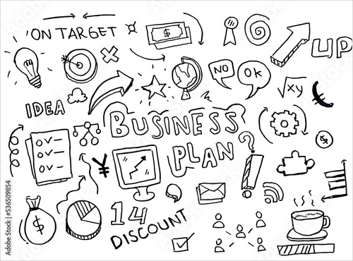 doodle art business plan hand drawn vector simple. with flowchart, dollar, statistic and element component business.	
