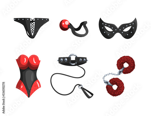 BDSM Erotic Toys with Leather Collar, Mask, Corset and Bracelet Vector Set