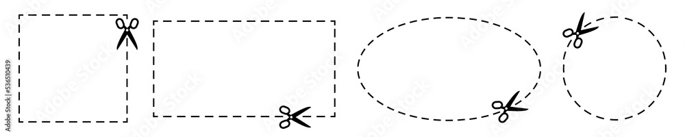 Coupon scissors cut template set. Coupon dashed line square, rectangle, circle and oval templates – vector Coupon scissors cut template set. Coupon dashed line square, rectangle, circle and oval templates – vector