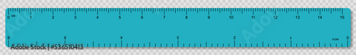 A ruler of blue color 15 centimeters with shadows isolated on transparent background. Plastic ruler with double side measurement cm and inches scale. Measuring tool. School stationery supplies.