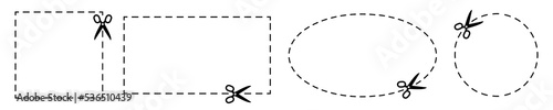 Coupon scissors cut template set. Coupon dashed line square, rectangle, circle and oval templates – vector