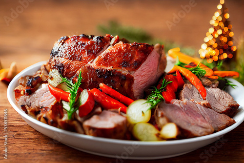 appetizing grilled Roasted pork with vegetables on a platter, 3d rendering