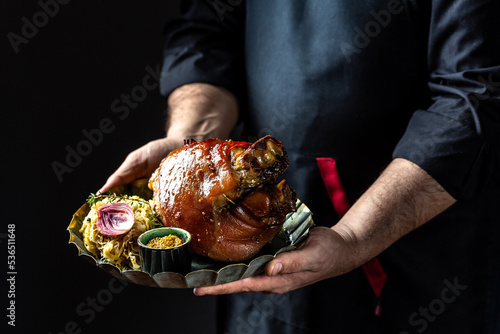 Roasted pork knuckle eisbein. Oktoberfest, traditional German cuisine. banner, catering menu recipe place for text photo