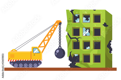 special equipment demolishes an old dilapidated building. house destruction. flat vector illustration.