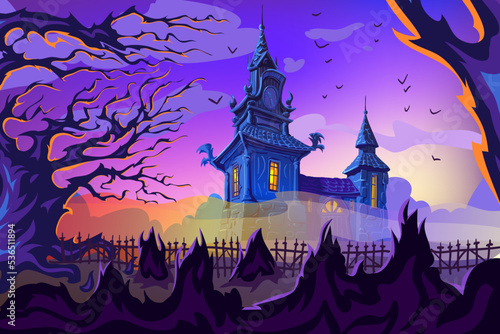 Fotobehang Halloween fantasy landscape with old haunted castle and graveyard in the foreground