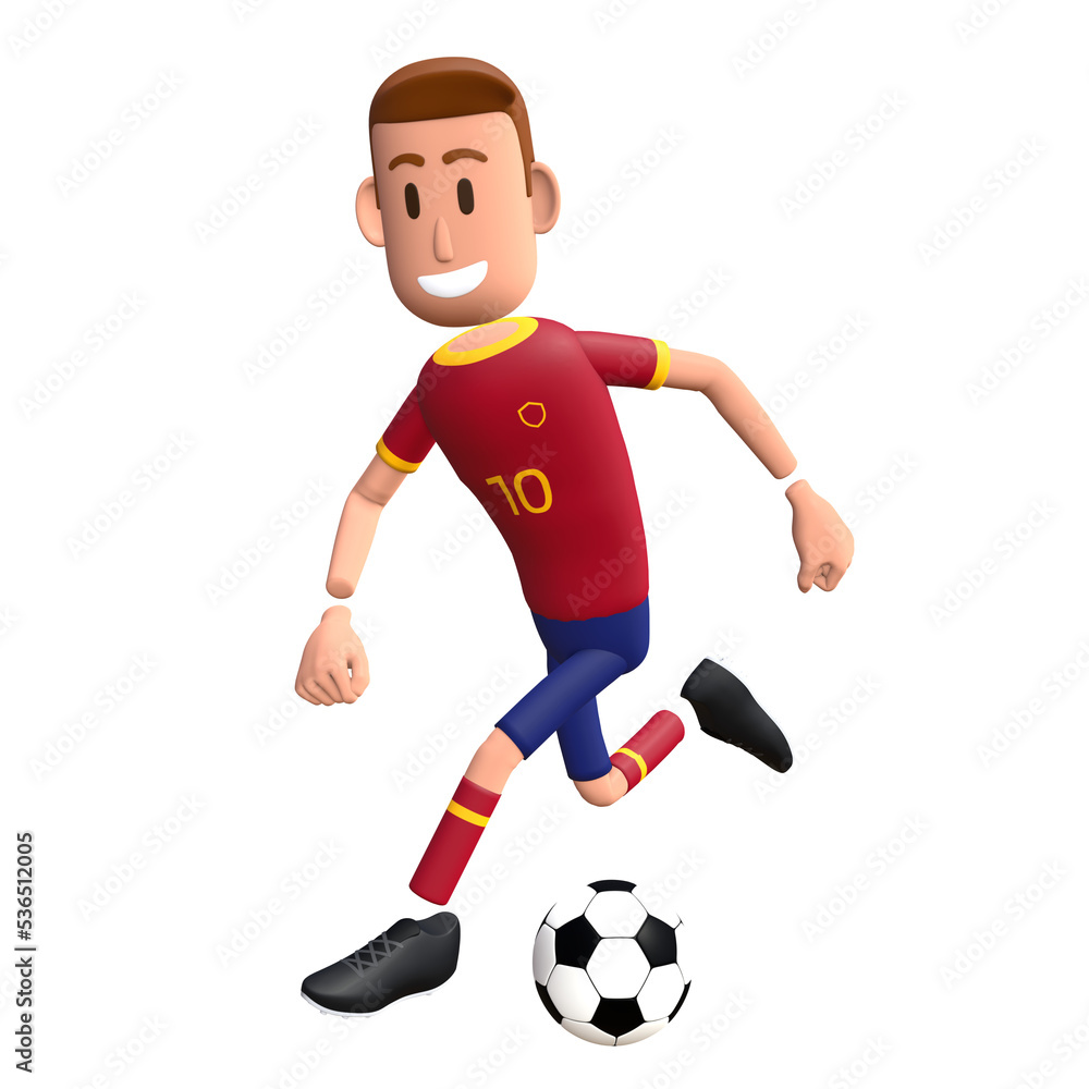 Football player dribbling the ball. Soccer player 3d character.