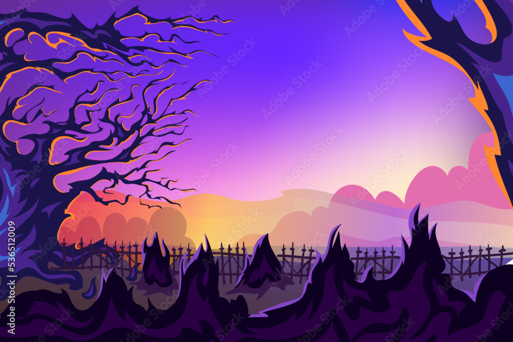 Halloween fantasy landscape with  graveyard in the foreground. Template for placards, banners, flyers and party invitations. Vector creative art illustration. 