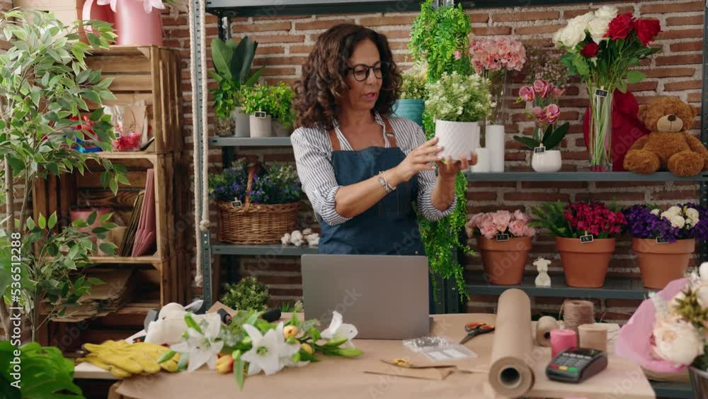 Middle age woman florist using laptop holding plant at flower shop Middle age woman florist using laptop holding plant at flower shop