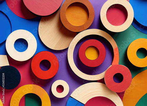 Colorful ring-shaped wood pieces representing diversity and inclusion in society