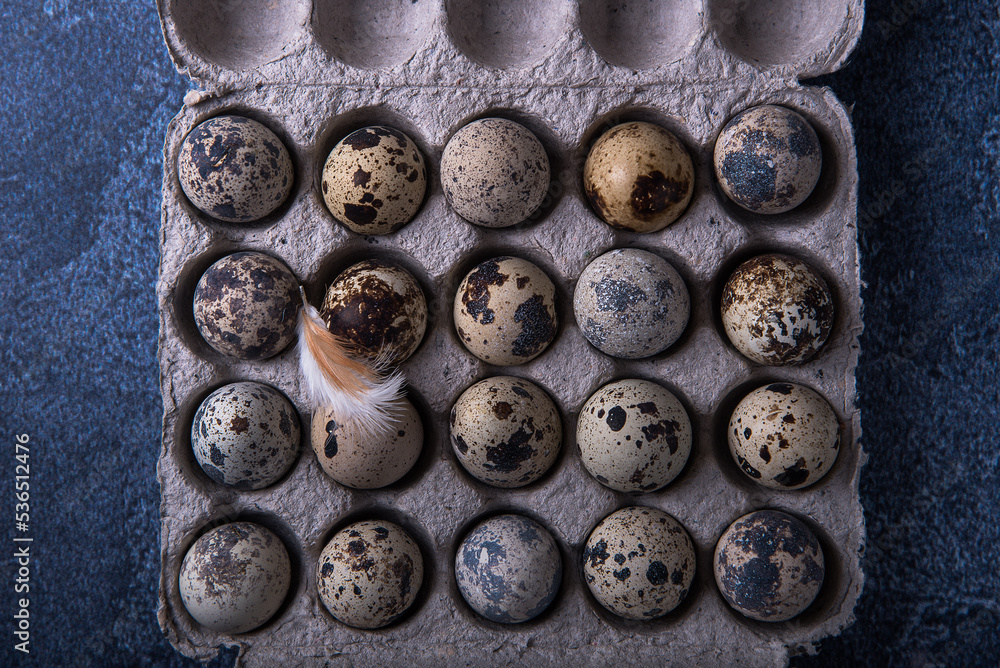 Quail eggs in a box on a dark background. Quail eggs in a box on a dark background.