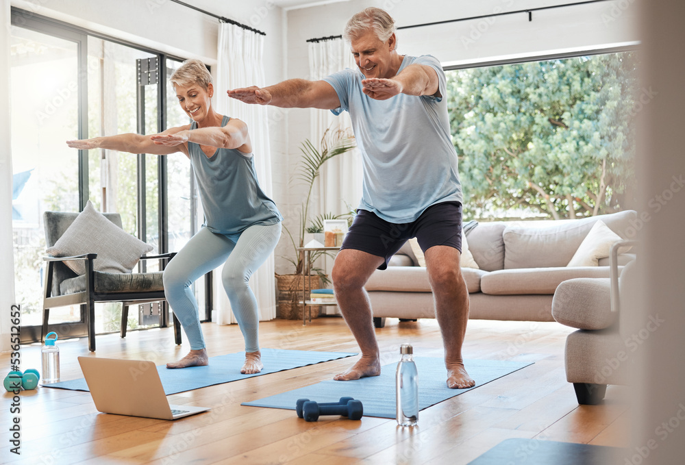 Yoga, online class and senior couple in living room, workout, zen and fitness in retirement for man and woman with laptop. Stretching, balance and old people exercise at home streaming pilates video. Yoga, online class and senior couple in living room, workout, zen and fitness in retirement for man and woman with laptop. Stretching, balance and old people exercise at home streaming pilates video.