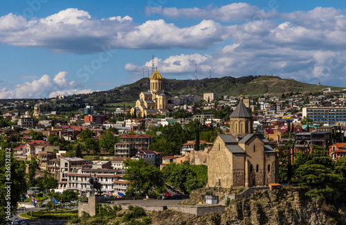 General view of Tbilisi, Metehi Church and Holy Trinity Cathedral in Tbilisi, Georgia
