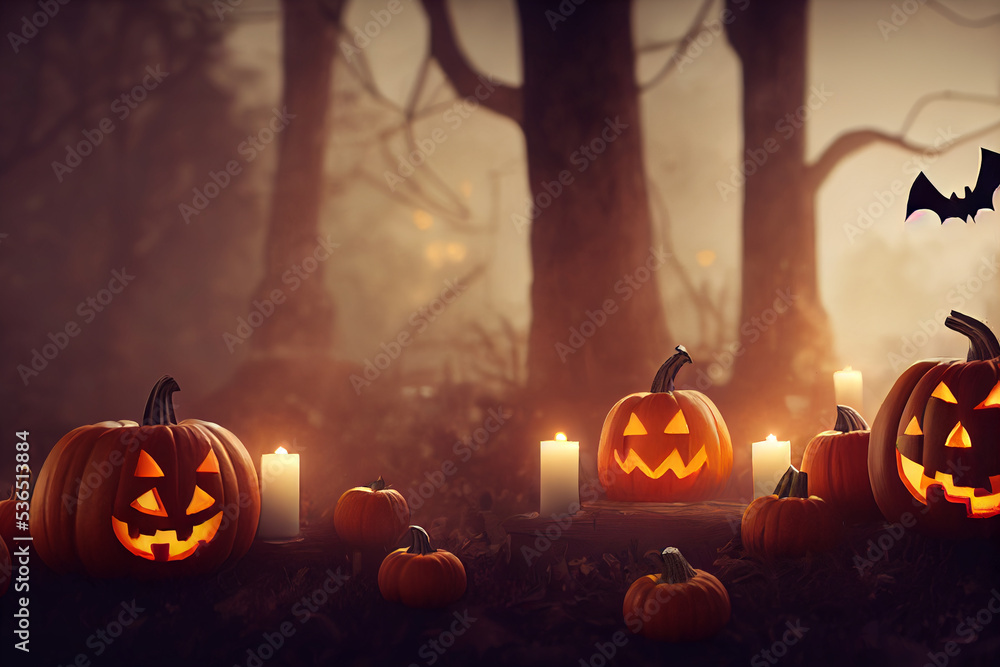 big pumpkins in the old cemetery at night on a full moon halloween, candles and lights big pumpkins in the old cemetery at night on a full moon halloween, candles and lights