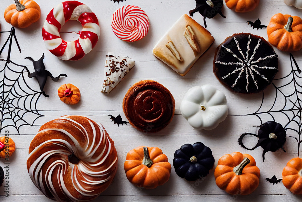 An idea for a beautiful fall setting for a family Halloween dinner. Sweets and pastries on the table. Orange pumpkin as decoration. Cozy autumn home atmosphere.