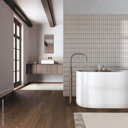 Japandi minimalist bathroom in white and dark tones. Close up  freestanding bathtub and wooden washbasin. Farmhouse interior design