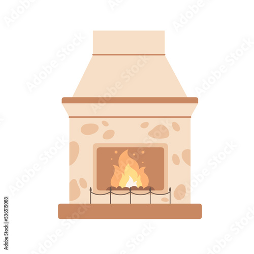 Modern fireplace with burning fire. Indoors chimney, modern fireside, heating system. Winter season leisure. Hand drawn vector illustration