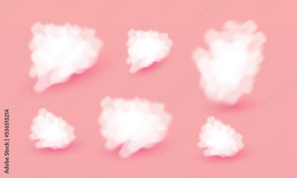 white clouds 3d realistic set isolated on a pink pastel background. Render soft round cartoon fluffy clouds icon in the sky. 3d geometric shapes vector illustration, Sky clouds vector, sunset clouds