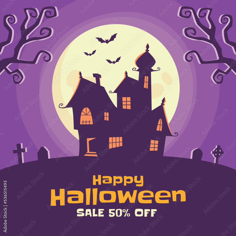 Halloween concept social media post template, sale offer flat vector background with text placeholder