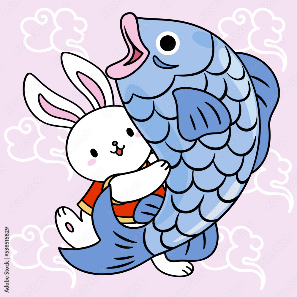 Fototapeta premium Happy rabbit holding big fish