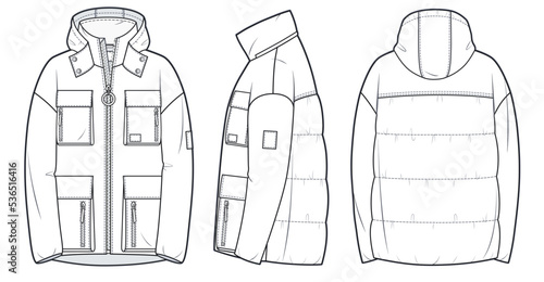Hooded down Jacket technical fashion Illustration. Unisex puffer down Jacket fashion flat drawing template, zip closure, pockets, hood, front, side and back view, white, women, men, unisex CAD mockup