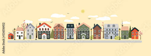 Spring urban landscape of the street with pink background of cherry blossom. Vector illustration in flat style