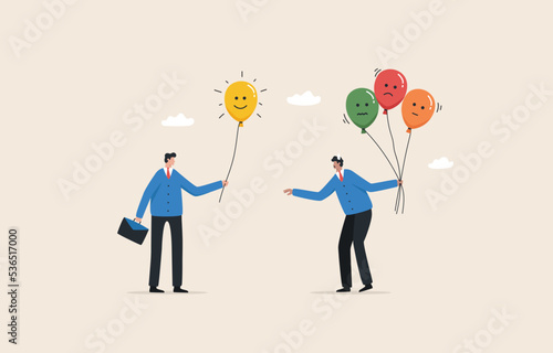 Pass on feeling Positive emotion. Encourage for colleagues.  Passing positive energy to employees. Businessman holding balloons with emotional emoticons.
