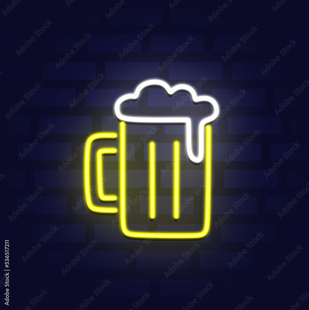 beer mug with foam neon sign. Party design element. Night bright neon sign, colorful billboard, light banner. Vector illustration in neon style. beer mug with foam neon sign. Party design element. Night bright neon sign, colorful billboard, light banner. Vector illustration in neon style.