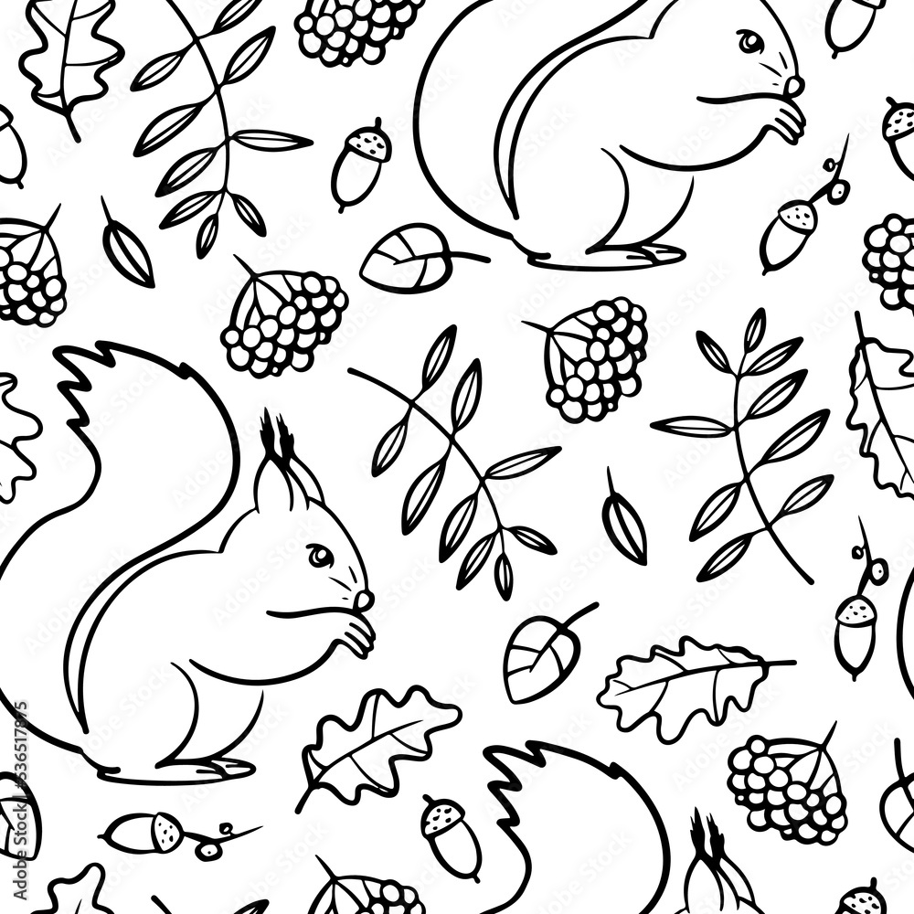 Seamless vector pattern. Autumn forest with animals and plants. Seamless vector pattern. Autumn forest with animals and plants.