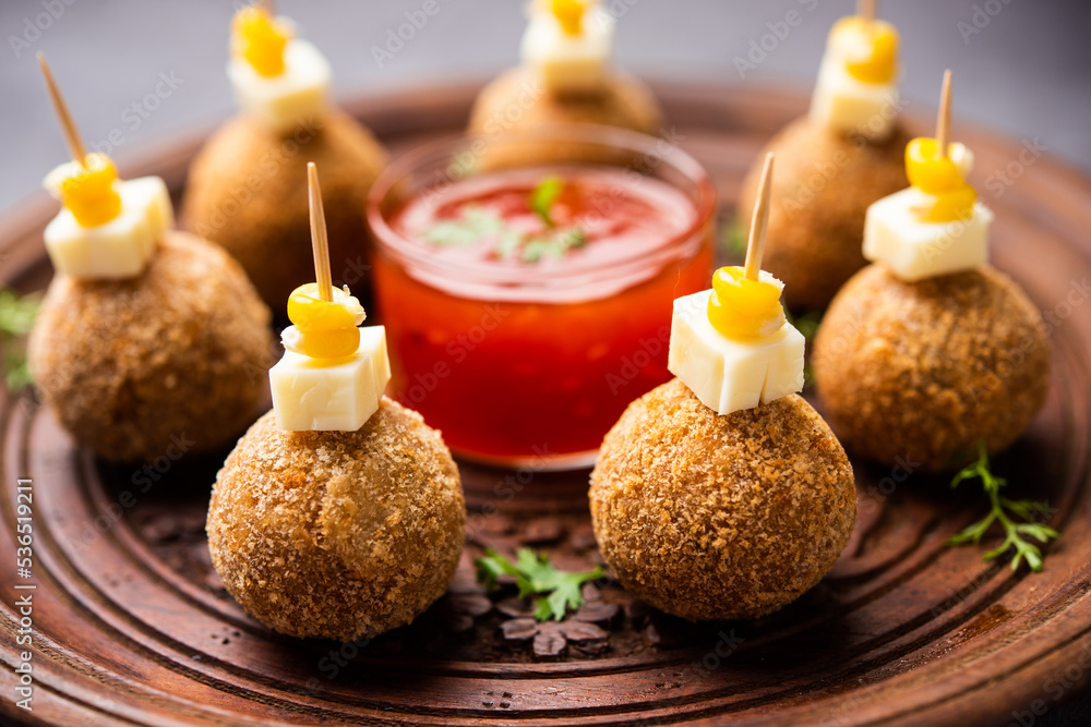 Corn Cheese balls with dip - popular party snack from India - obrazy, fototapety, plakaty 