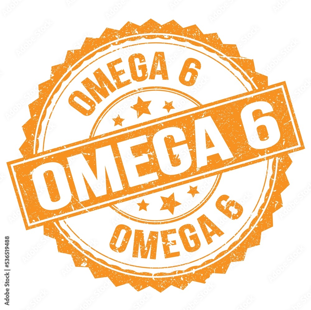 OMEGA 6 text on orange round stamp sign