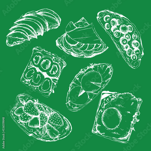 Hand drawn set of bruschetta and sandwiches. Italian antipasto with tomatoes, basil, salmon, blueberries, strawberries and apples. starter dish. Lunch menu. Chalkboard style white vector illustration