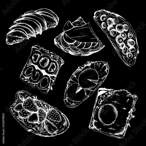 Hand drawn set of bruschetta and sandwiches. Italian antipasto with tomatoes, basil, salmon, blueberries, strawberries and apples. starter dish. Lunch menu. Chalkboard style white vector illustration