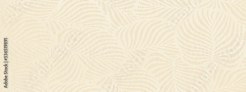 Panoramic background in ecru tones with subtle leaves pattern. Recycled paper texture.  
