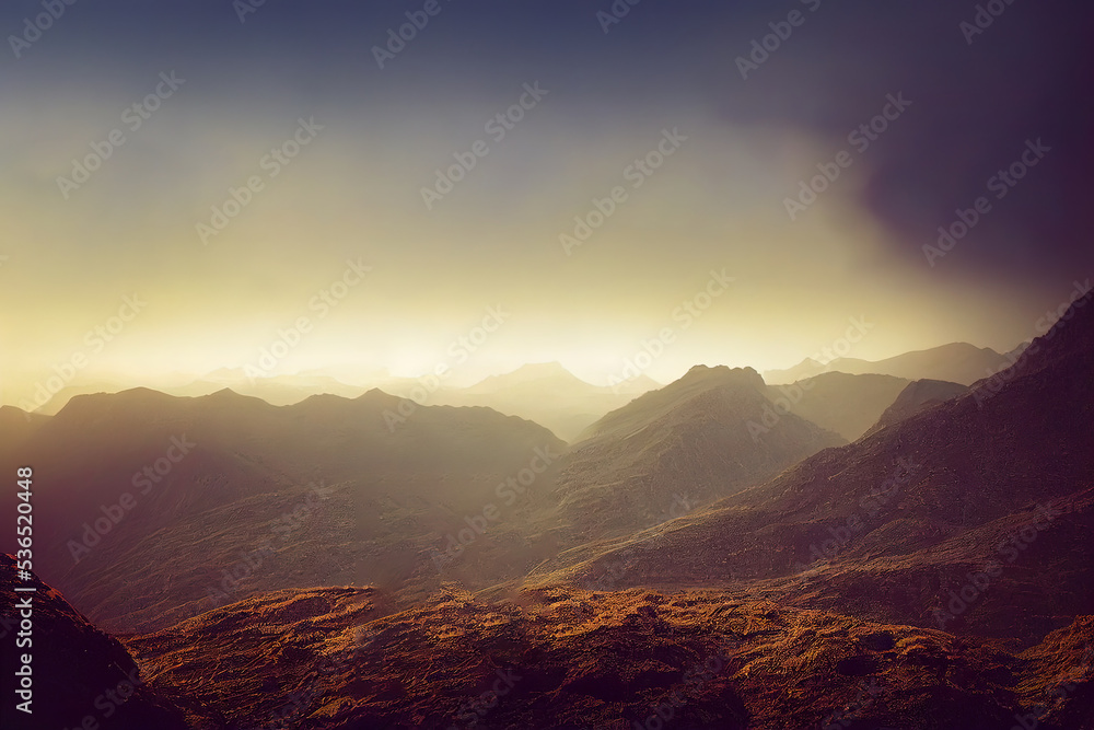 Cloudy mountains at sunrise 3d illustrated 
