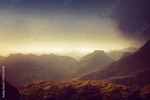Cloudy mountains at sunrise 3d illustrated 