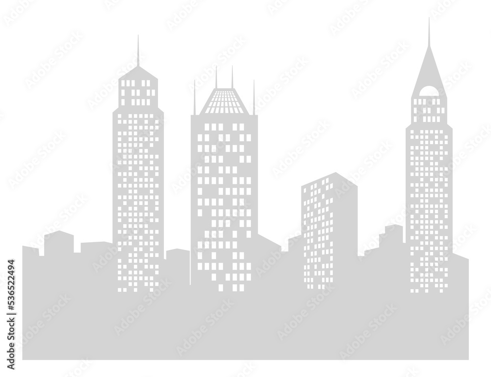 Gray cityscape silhouette with light windows in high skyscrapers